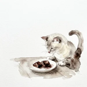 皿のチョコレートに顔を近づける猫の水彩イラスト