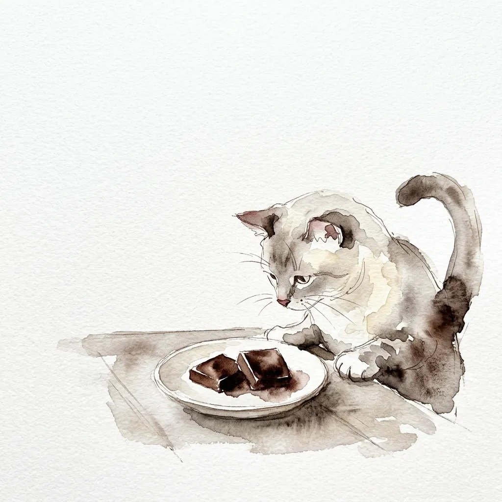 皿のチョコレートに顔を近づける猫の水彩イラスト