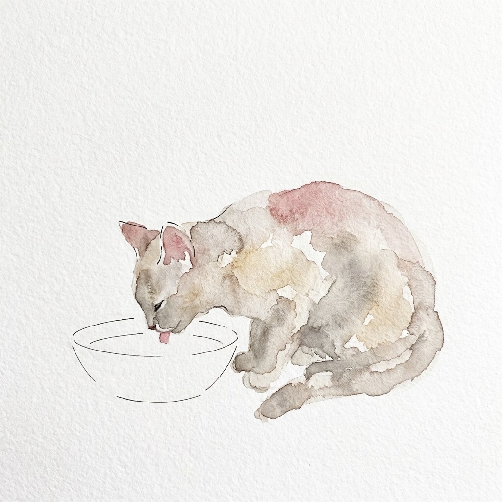 水を飲む猫の水彩イラスト