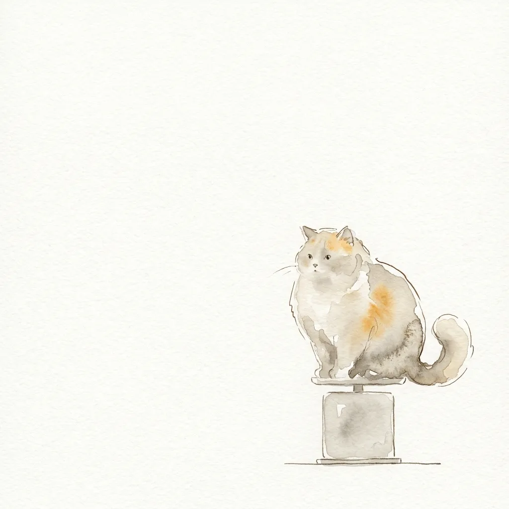 体重計に座るふっくらした猫の水彩イラスト