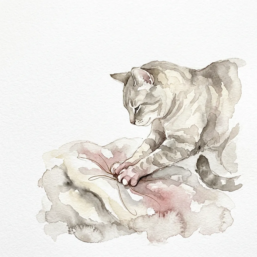 毛布をふみふみする猫の水彩イラスト
