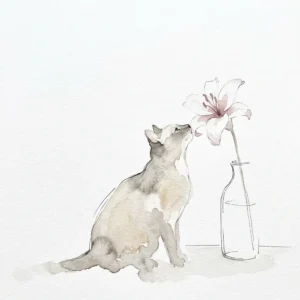 ユリの花に顔を近づける猫の水彩イラスト