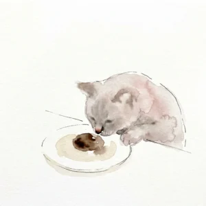 食卓のハンバーグに顔を近づける猫の水彩イラスト