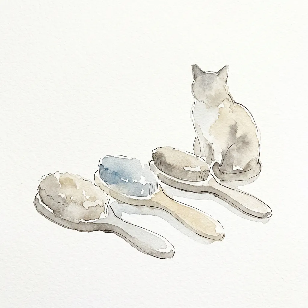 3本のブラッシング道具と猫の水彩イラスト