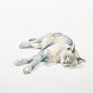 床に伸びてぐったりする猫の水彩イラスト