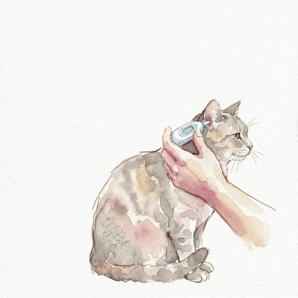 耳で体温を測ってもらっている猫の水彩イラスト