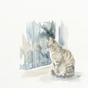 雨の窓辺に座る猫の水彩イラスト