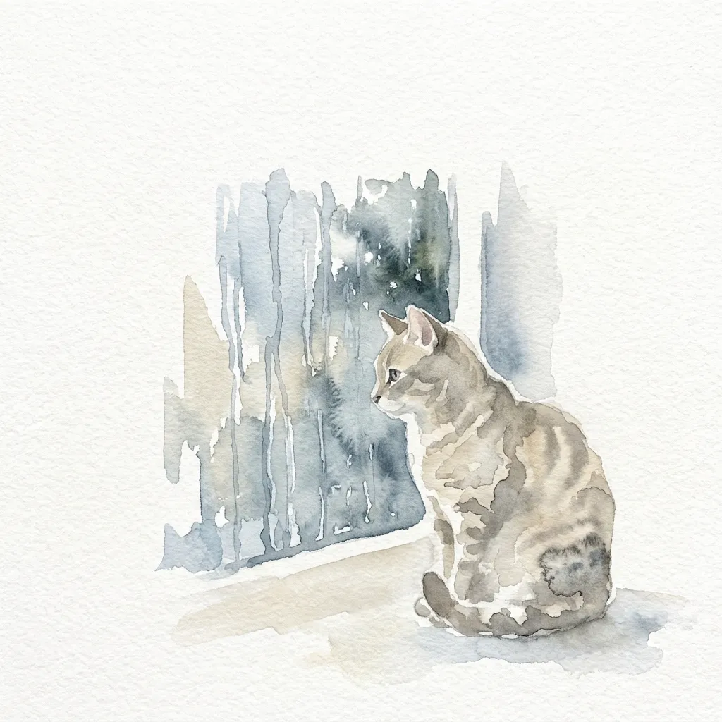 雨の窓辺に座る猫の水彩イラスト