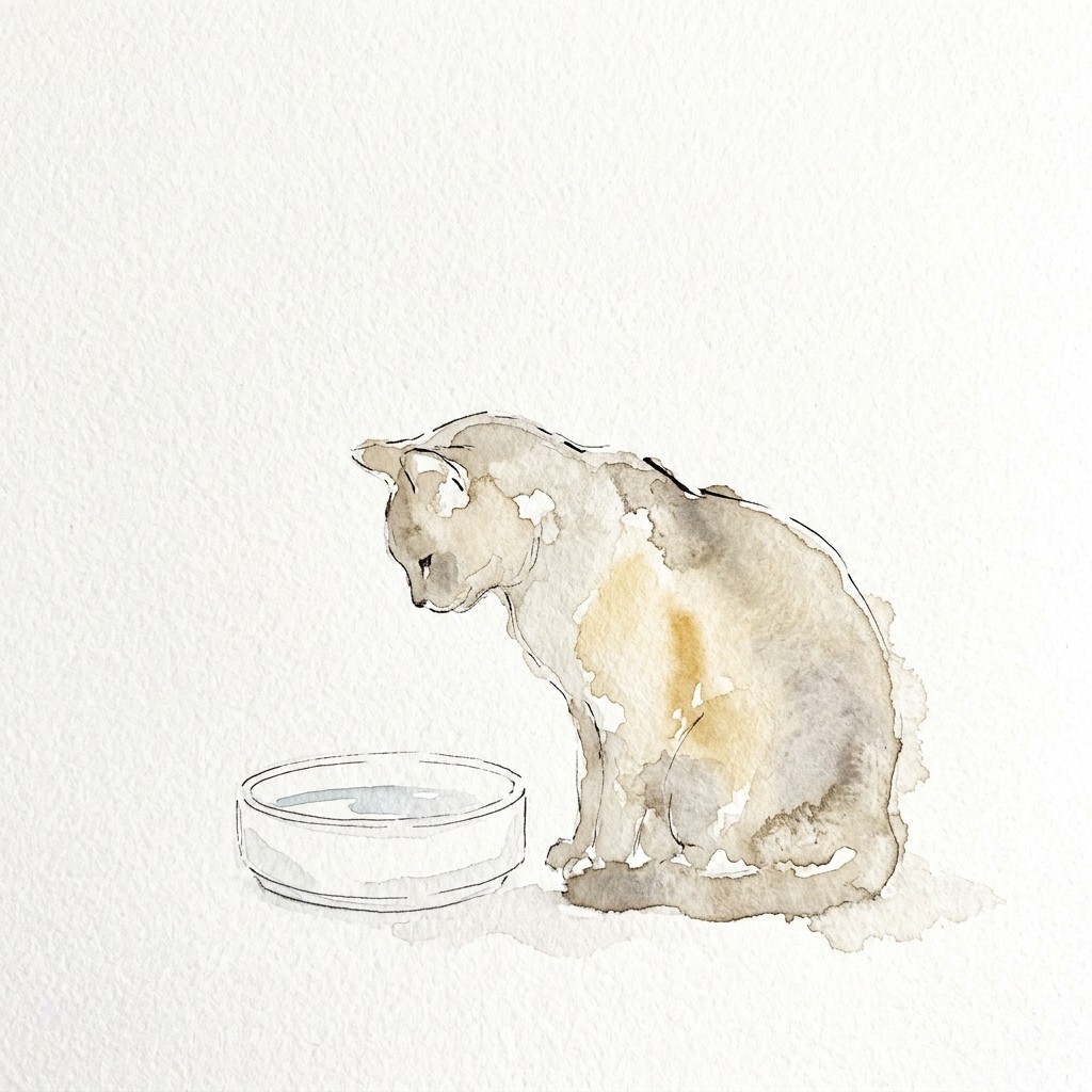 水入れをのぞきこむ猫の水彩イラスト
