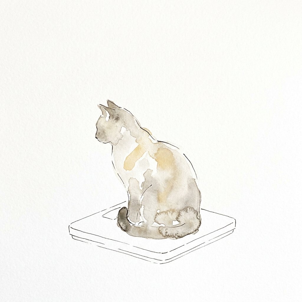 体重計の上にちょこんと座る猫の水彩イラスト