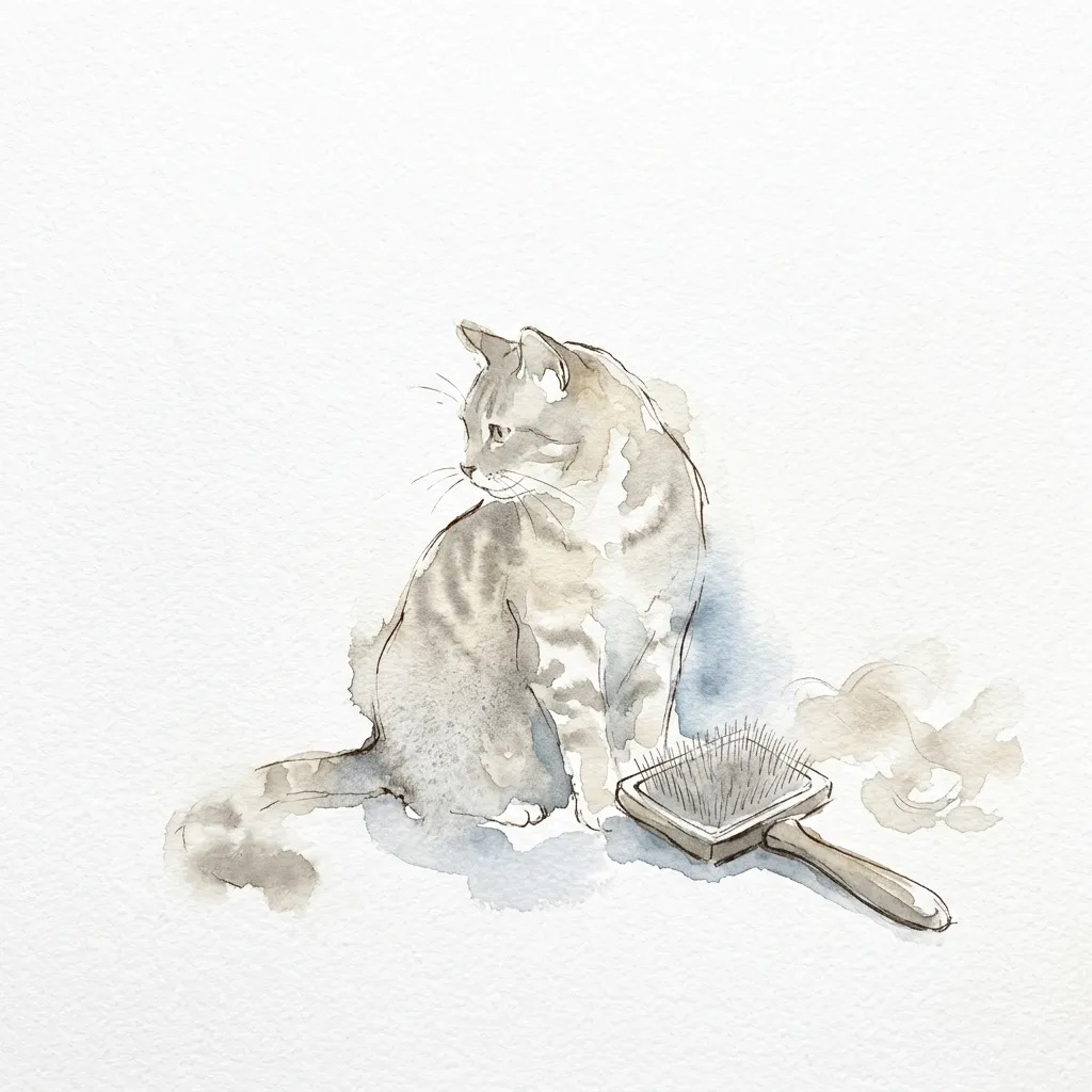 ブラシと抜け毛のそばに座る猫の水彩イラスト