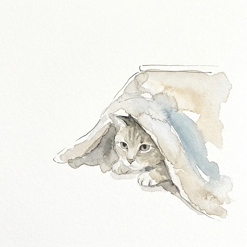 こたつ布団から顔を出す猫の水彩イラスト