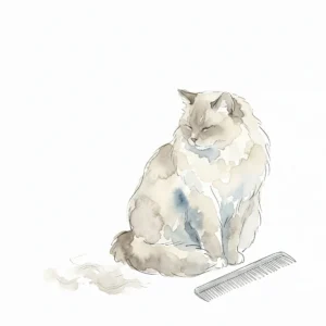 コームのそばに座る長毛猫の水彩イラスト