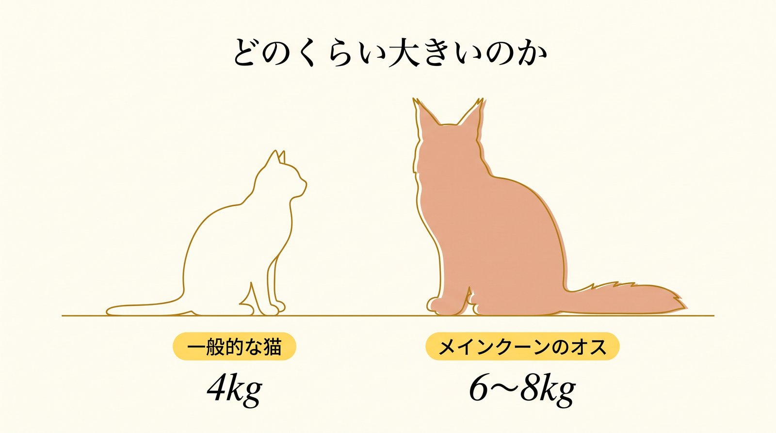 メインクーンと一般的な猫の大きさ比較図