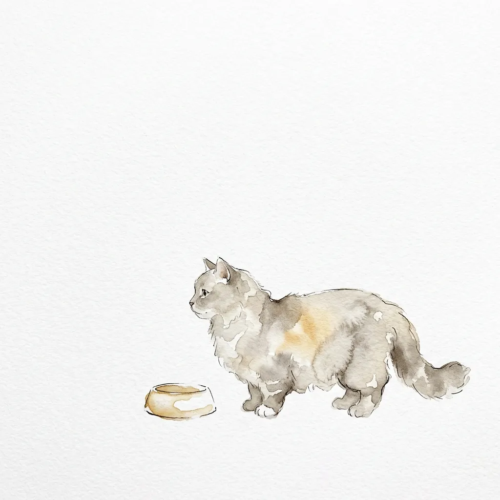 フード皿の横に立つマンチカンの水彩イラスト