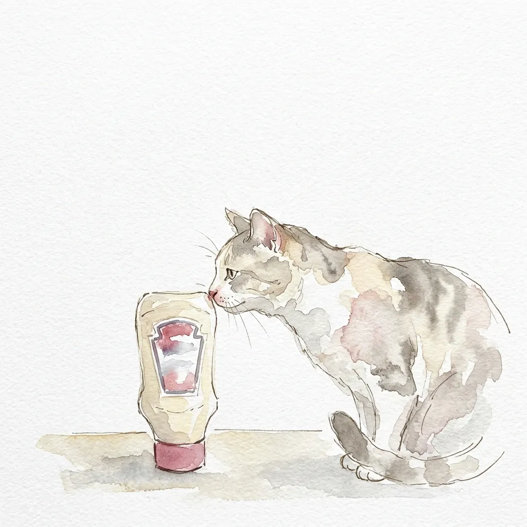 マヨネーズの容器に顔を近づける猫の水彩イラスト