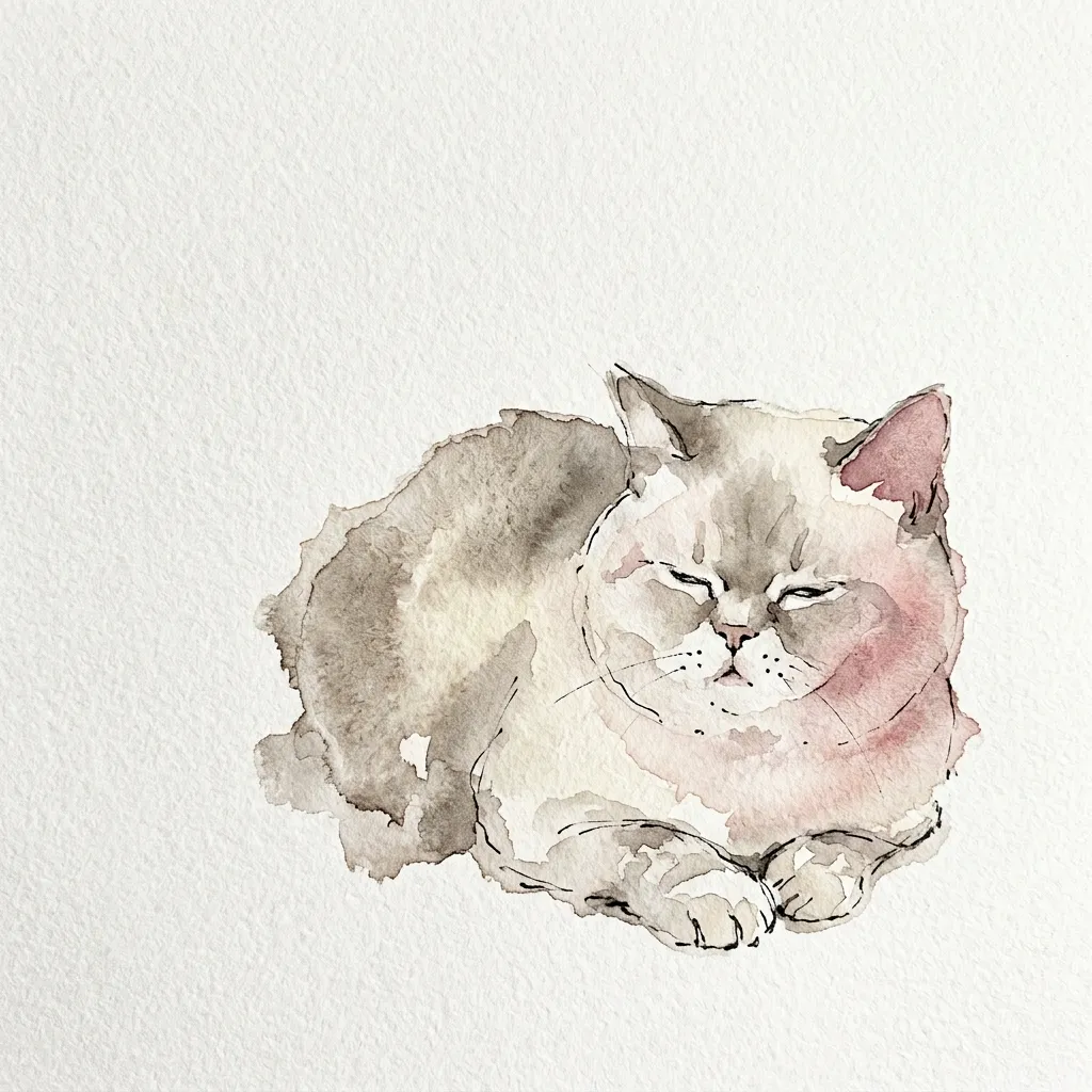 目を細めて休むシニアのミヌエットの水彩イラスト
