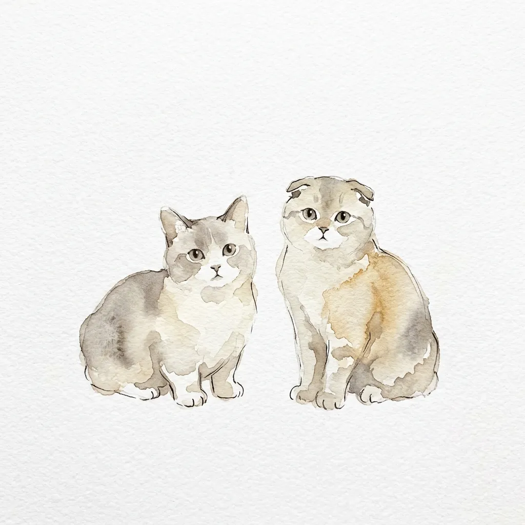 マンチカンとスコティッシュフォールドを並べた水彩イラスト