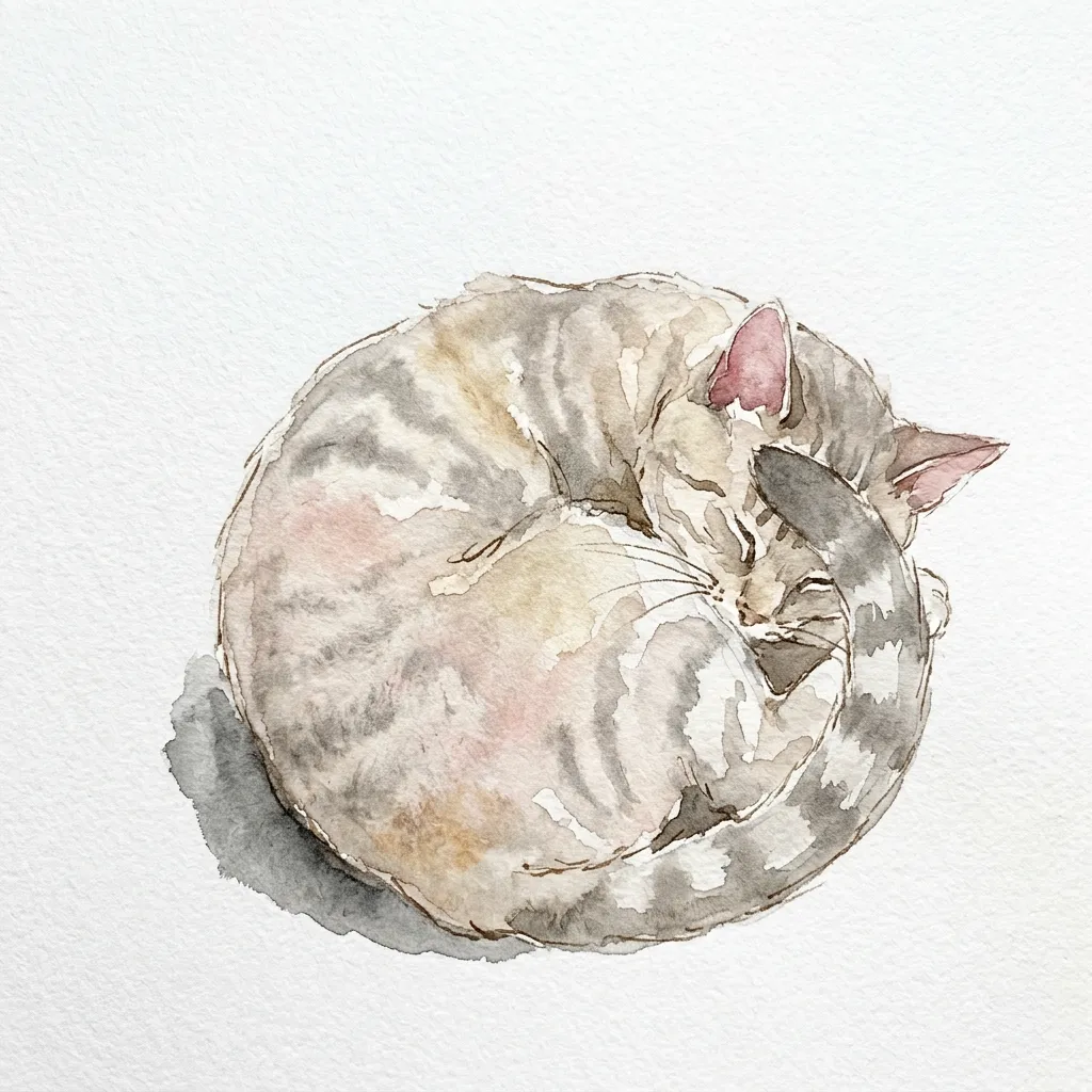 丸くなって眠るシニア猫の水彩イラスト