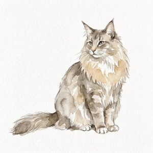 大きな耳と豊かな首まわりの毛が特徴のノルウェージャンフォレストキャットの水彩イラスト