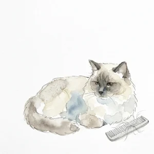コームのそばで横たわるラグドールの水彩イラスト