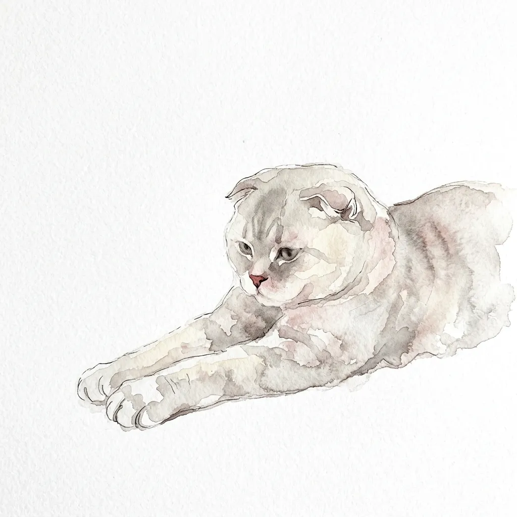 前足を伸ばして横たわるスコティッシュフォールドの水彩イラスト