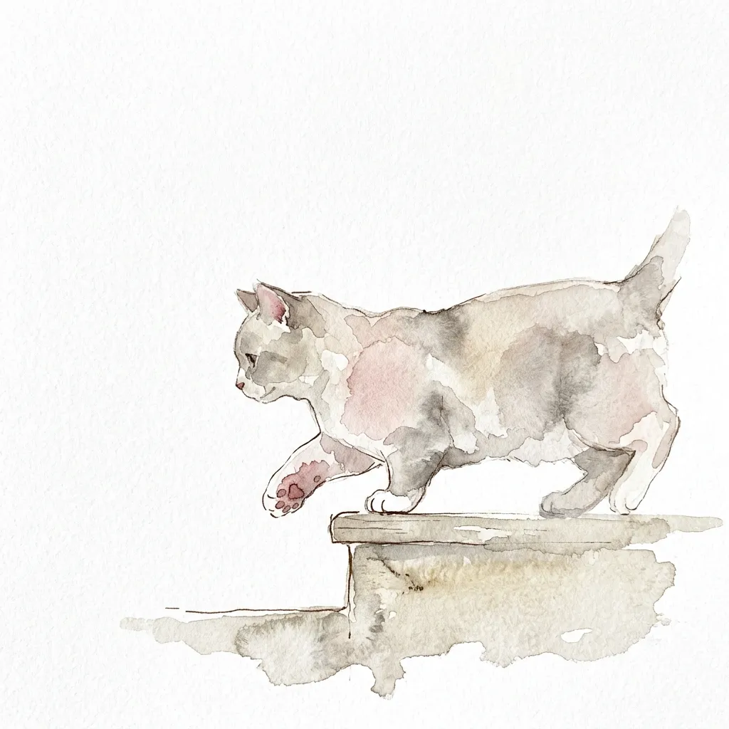 低い段差に前足をかける短足猫の水彩イラスト