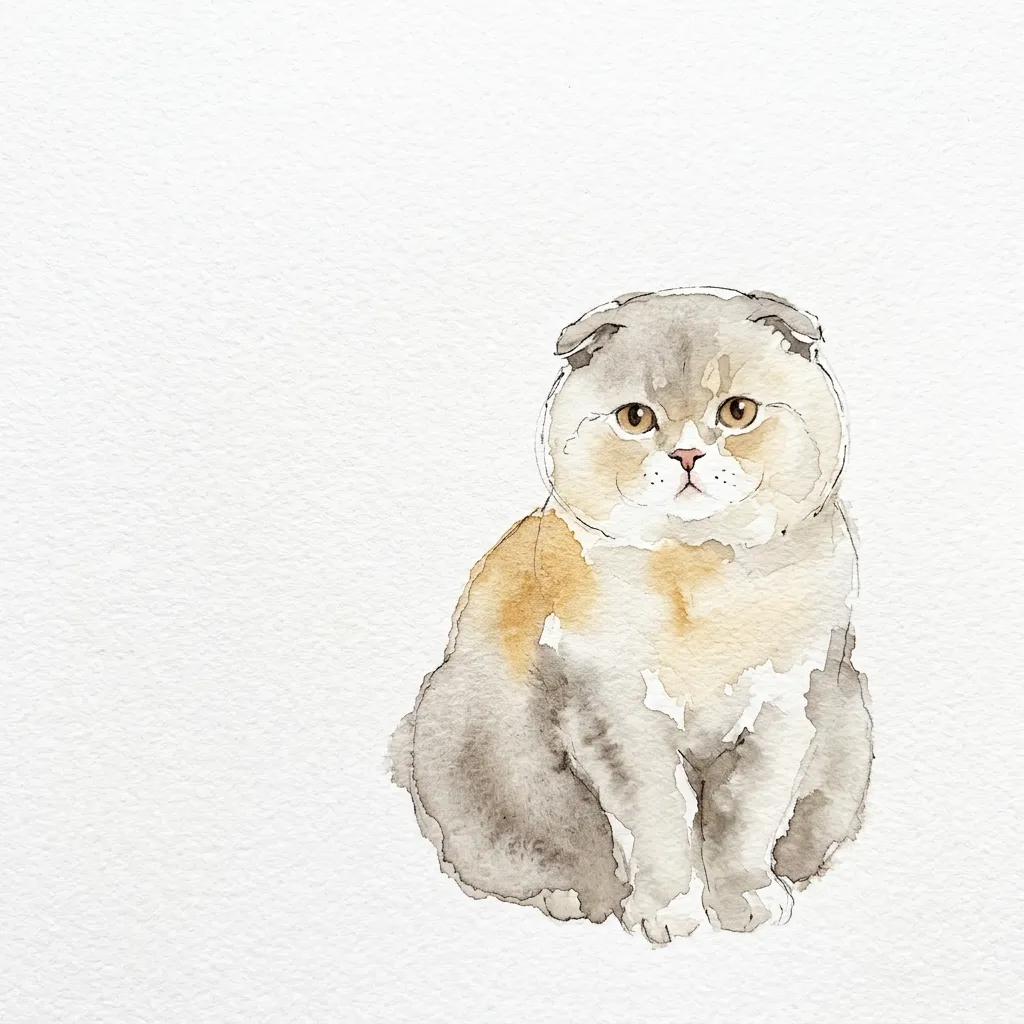 折れ耳のスコティッシュフォールドの水彩イラスト
