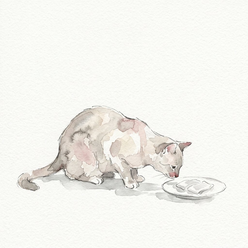 お刺身をのぞきこむ猫の水彩イラスト