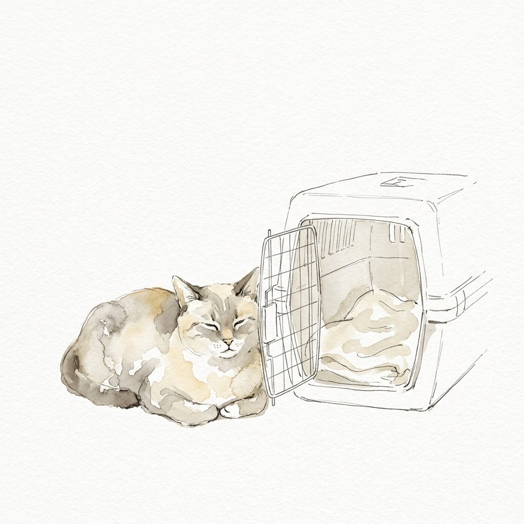 キャリーのそばでくつろぐ猫の水彩イラスト
