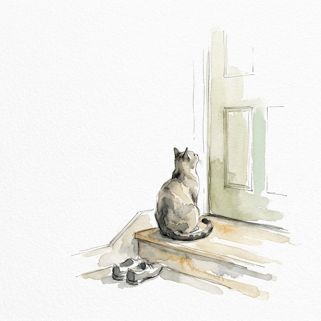 玄関のたたきをじっと見ている猫の水彩イラスト