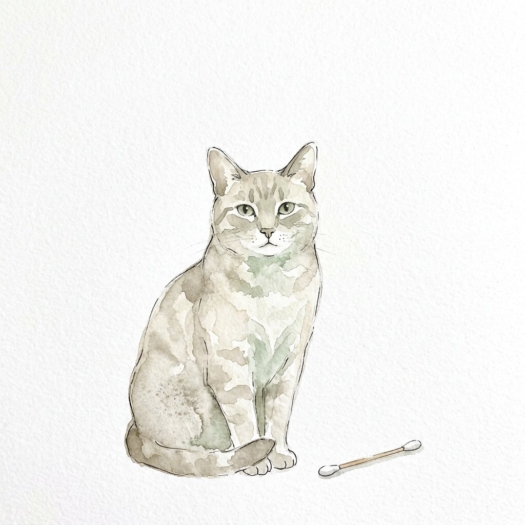 綿棒を使った猫の遺伝子検査のイメージ水彩イラスト