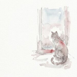 窓辺にすわって外を見ている猫の水彩イラスト