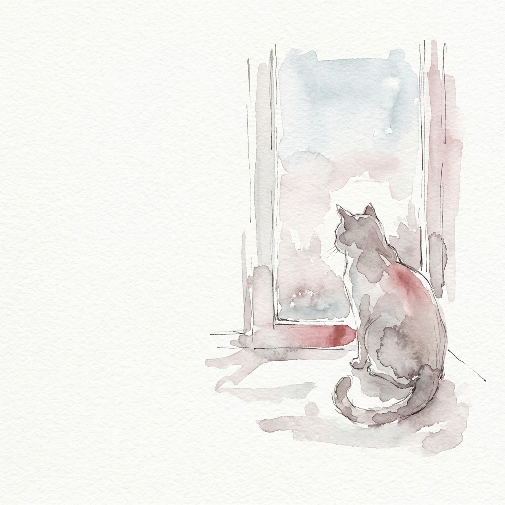 窓辺にすわって外を見ている猫の水彩イラスト