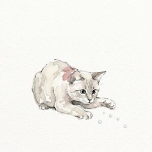 水滴を前足でつつこうとする猫の水彩イラスト