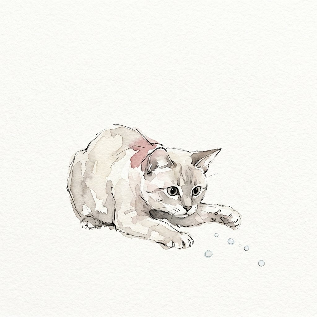 水滴を前足でつつこうとする猫の水彩イラスト
