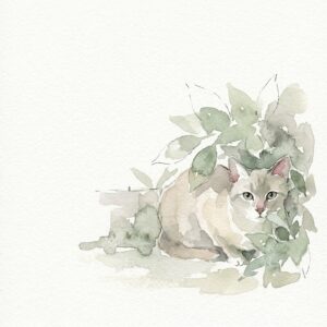 植え込みの奥に身を潜めている猫の水彩イラスト