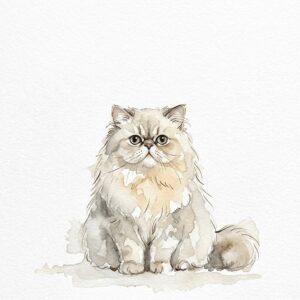 長い毛と丸く平たい顔が特徴のペルシャ猫の水彩イラスト