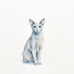 青灰色の被毛とグリーンの瞳が特徴のロシアンブルーの水彩イラスト