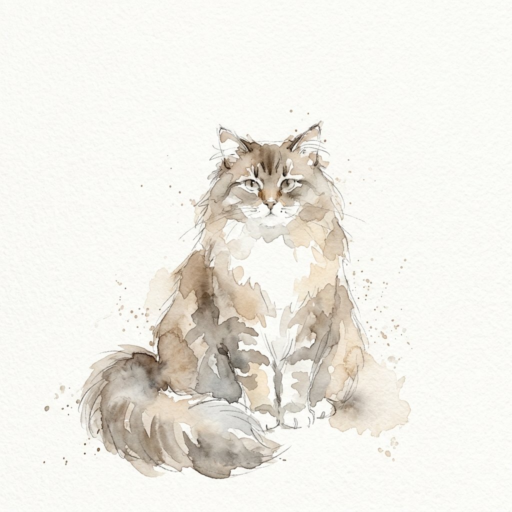 ふさふさの長い被毛と丸い顔が特徴のサイベリアンの水彩イラスト